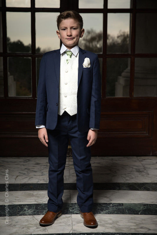 Boys Navy Ivory Scroll Suit with Mustard Cravat | Boys Wedding Suit
